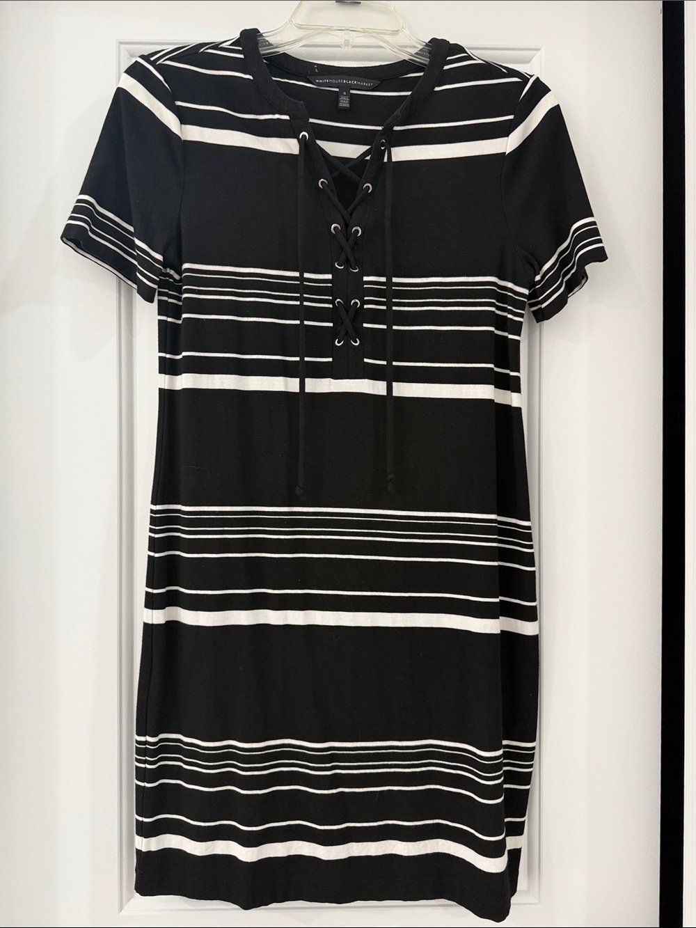 White House Black Market Black and White Striped Lace-Up Top
